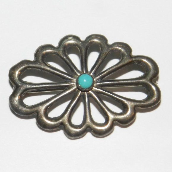 Vtg Native American Navajo Sterling Silver Turquoise sandcast Brooch Unmarked - Picture 4 of 4
